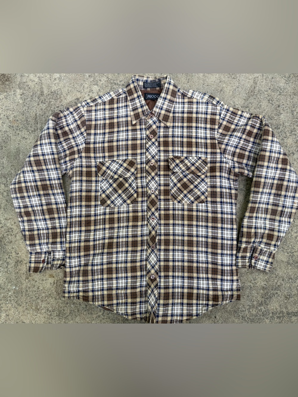 Vintage 80s Ricco Men's Brown/White Plaid Button-Down Quilt Lined Shirt Sz M